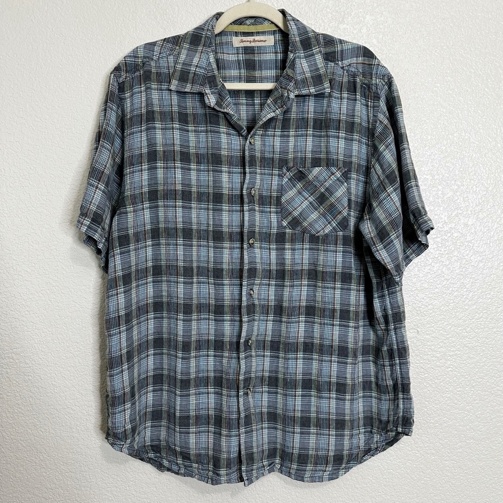 Tommy Bahama 100% Linen Blue Green Plaid Button Down Men's Shirt, Sz Large